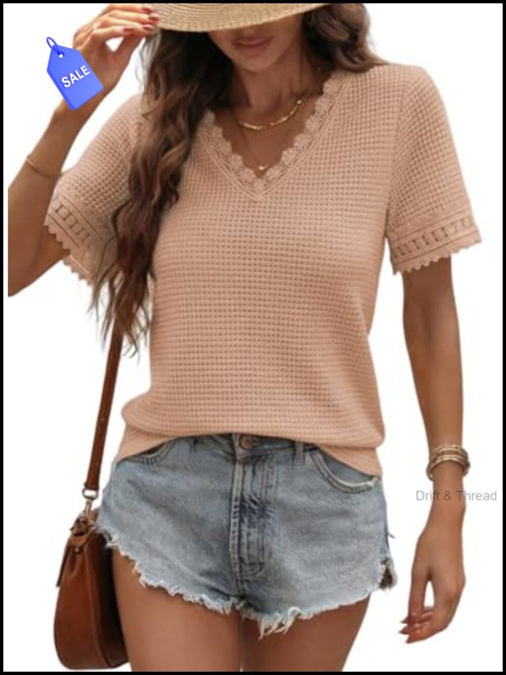Waffle Knit Lace Patchwork V Neck Short Sleeve Tunic Top